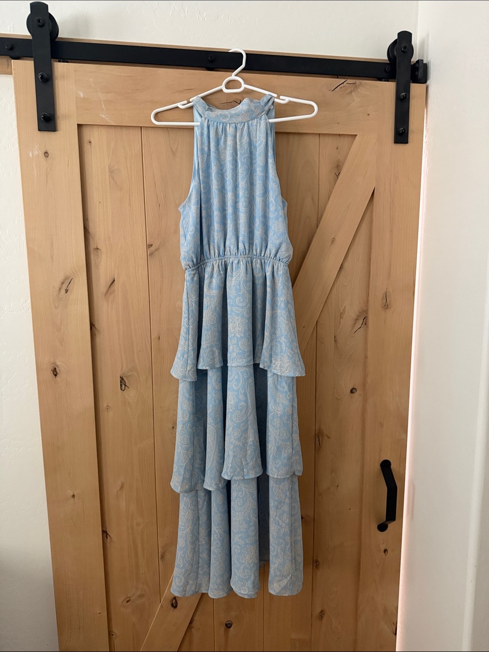 Gilli Light Blue Paisley Tiered Halter Dress